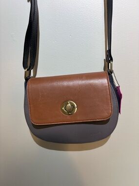 Soruka Two-Tone Brown, Gray and Black Leather Crossbody with Gold Turn-Lock